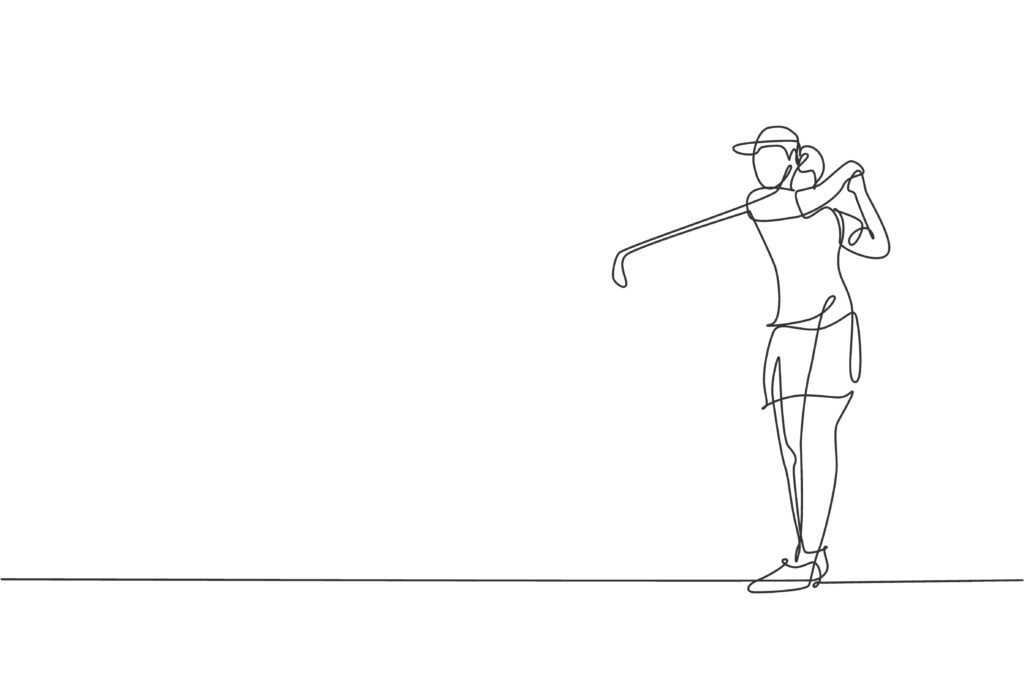 Single continuous line drawing of young happy golf player swing the golf club to hit the ball. Hobby sport concept. Trendy one line draw design vector illustration for golf tournament promotion media